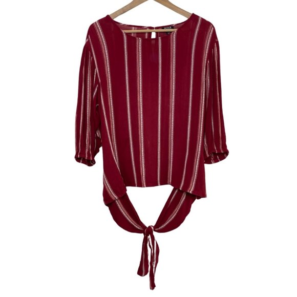 ANA | Red Striped 3/4 Elastic Sleeve Blouse with Waist Tie | Size M - Picture 2 of 10